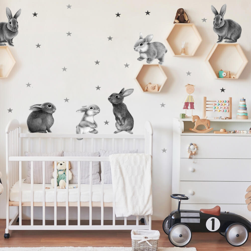 Wallstickers – Grå kaniner til børneværelset